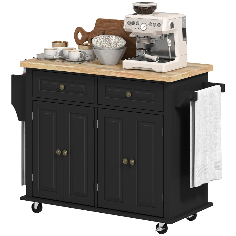 HOMCOM Rolling Kitchen Island with Rubber Wood Top and Storage, Spice Rack, Towel Rack, Black