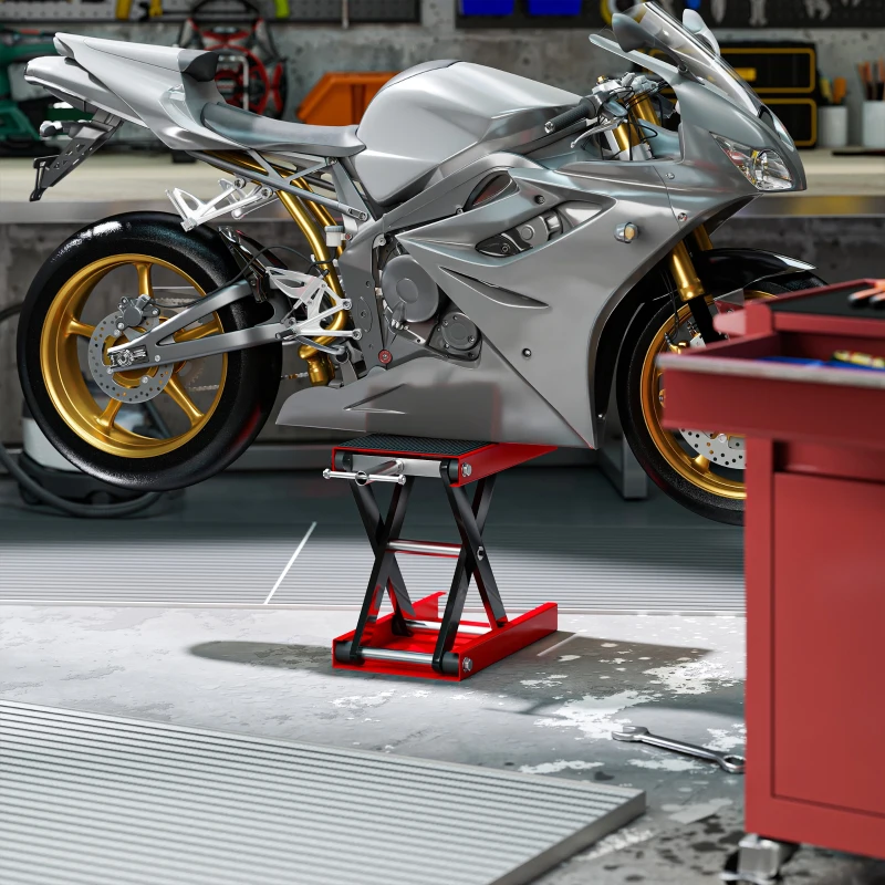 HOMCOM 1100lbs Motorcycle Jack, Height Adjustable Motorcycle Scissor Lift Jack with Anti-Slip Wide Deck for Home Garage, Red