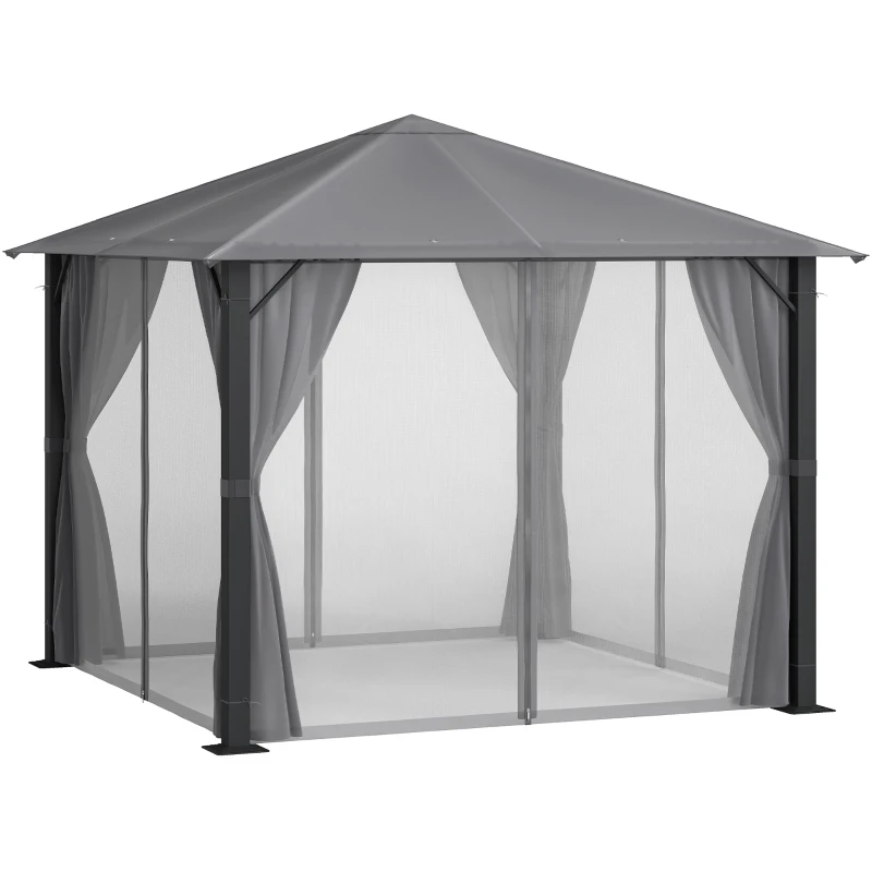 Outsunny 10' x 10' Patio Gazebo, Outdoor Gazebo Canopy Shelter with Netting & Curtains, Vented Roof, for Garden, Lawn, Backyard and Deck, Black