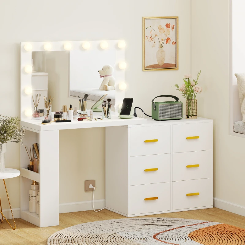 HOMCOM Vanity Desk with Mirror and 12 LED Lights, Makeup Table w/ Power Outlet, 3 Light Colour, 6 Drawers and 2 Shelves, White