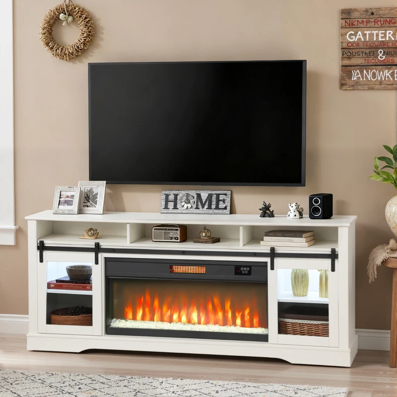 HOMCOM Fireplace TV Stand for TVs Up to 80 Inch, TV Console with Electric Fireplace, Open Storage and Side Cabinets, White