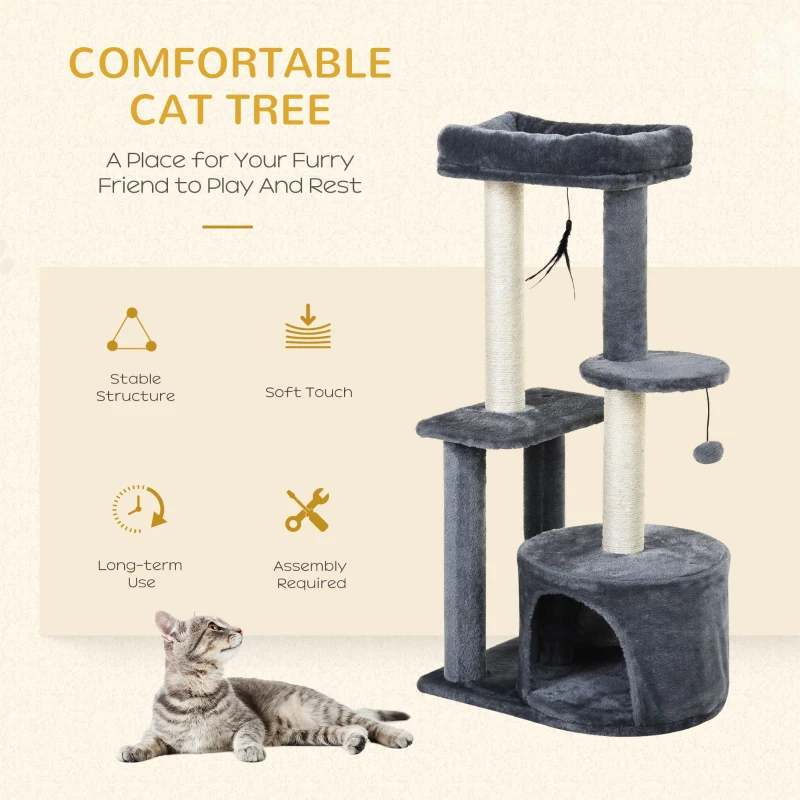 PawHut Cat Tree Cat Funiture Tower Multi-Level 1 Condo 1 Perch Sisal-Covered Scratching Post, Climbing Activity Stable Toys, Included Simply Style Height 39", Grey