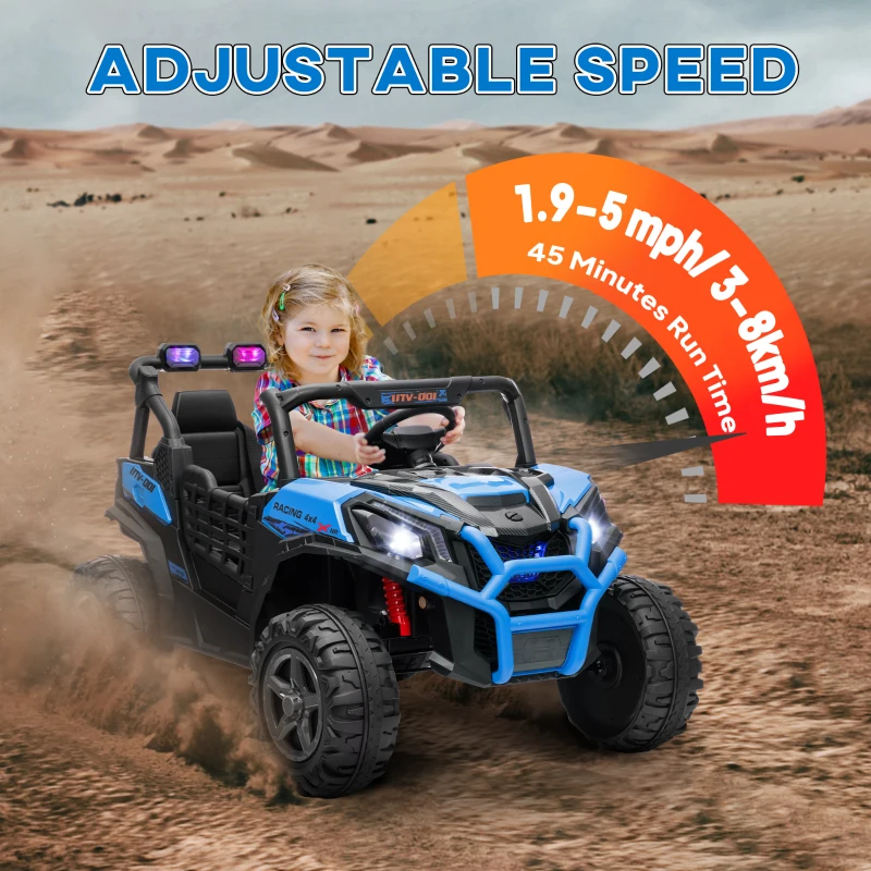 Qaba 2 Seater 24V Electric Car for Kids w/ Remote Control, 3 Speed, LED Lights, Music, Horn, Spring Suspension, Blue