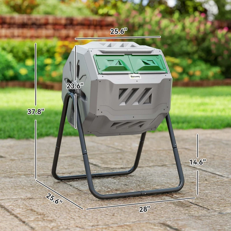 Outsunny Tumbling Compost Bin Outdoor 360° Dual Chamber Rotating Composter 43 Gallon, Light Gray