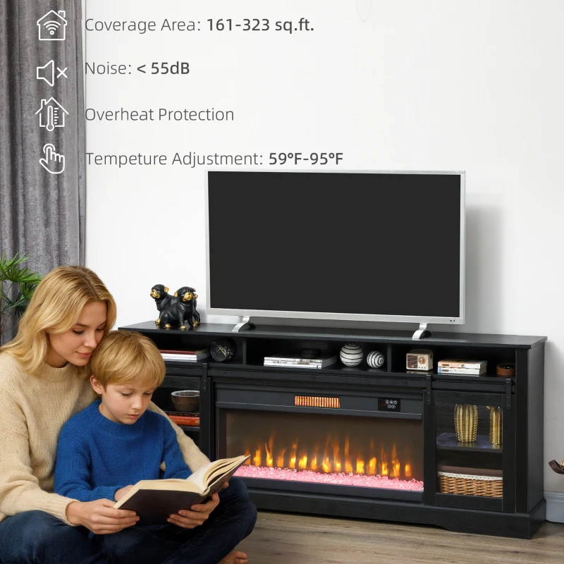 HOMCOM Fireplace TV Stand for TVs Up to 80 Inch, TV Console with Electric Fireplace, Open Storage and Side Cabinets, Black