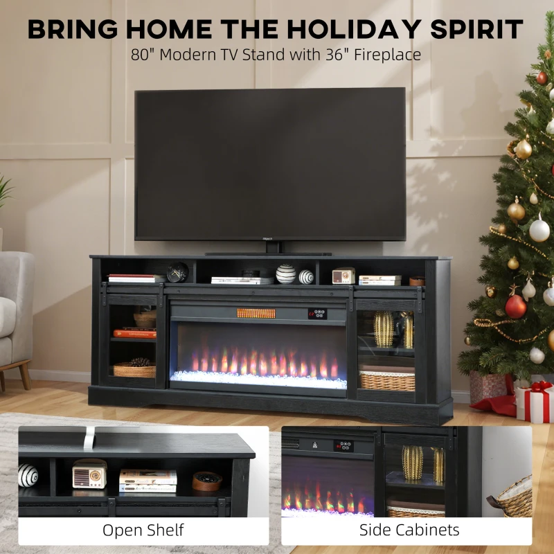 HOMCOM Fireplace TV Stand for TVs Up to 80 Inch, TV Console with Electric Fireplace, Open Storage and Side Cabinets, Black