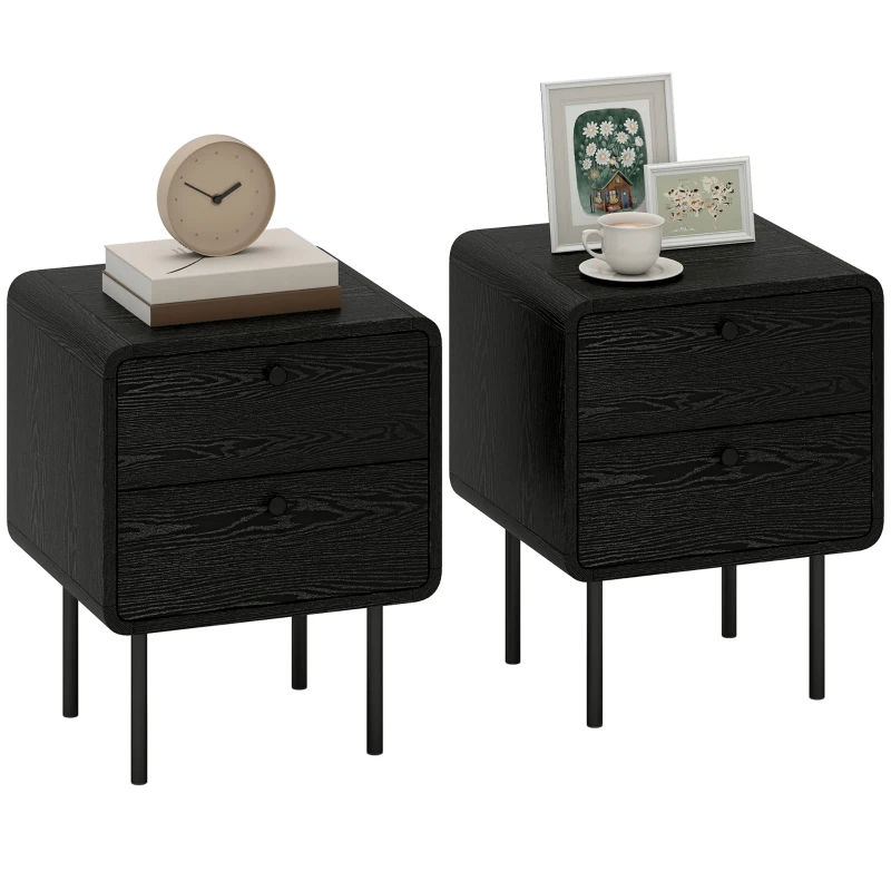 HOMCOM Modern Bedside Tables Set of 2, 2 Pieces Nightstands with 2 Storage Drawers and Steel Legs for Bedroom, Black Wood Grain