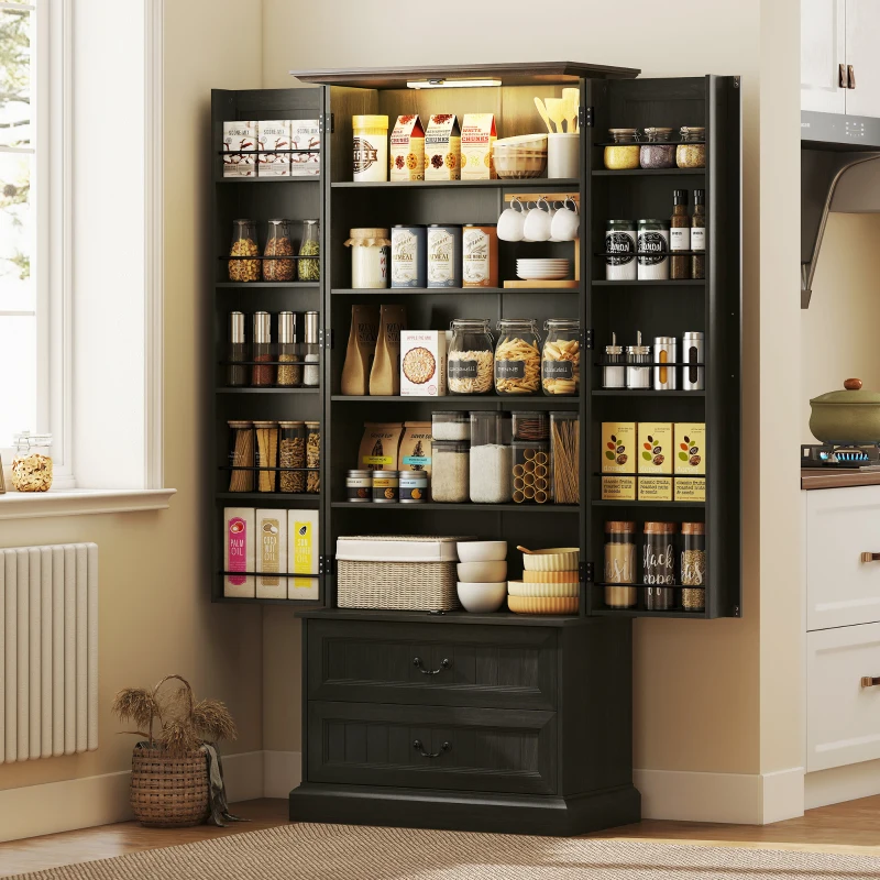 HOMCOM 72" LED Kitchen Pantry Cabinet, Buffet Storage Cabinet with 10 Door Shelves, 2 Drawers and Adjustable Shelves, Black