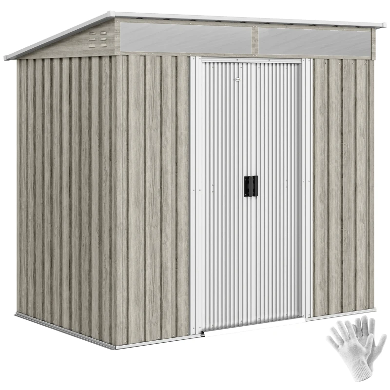 Outsunny 6.5x4FT Galvanised Metal Shed with Foundation Kit, Lockable Garden Tool Storage House with Sliding Doors, Vents, Grey
