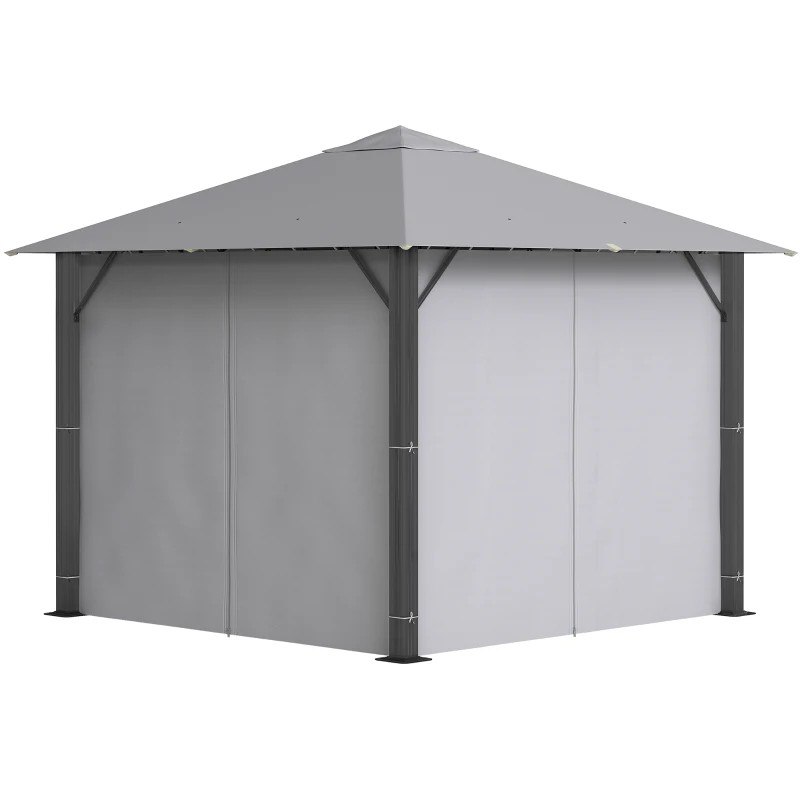 Outsunny 10' x 10' Patio Gazebo Aluminum Frame Outdoor Canopy Shelter with Sidewalls, Vented Roof for Garden, Lawn, Backyard, and Deck, Gray