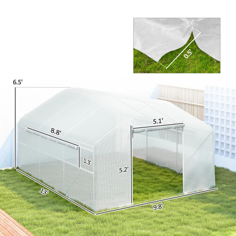 Outsunny 13' x 10' x 6.5' Tunnel Greenhouse Hoop House with Upgraded Galvanized Steel Frame and Large Windows, White