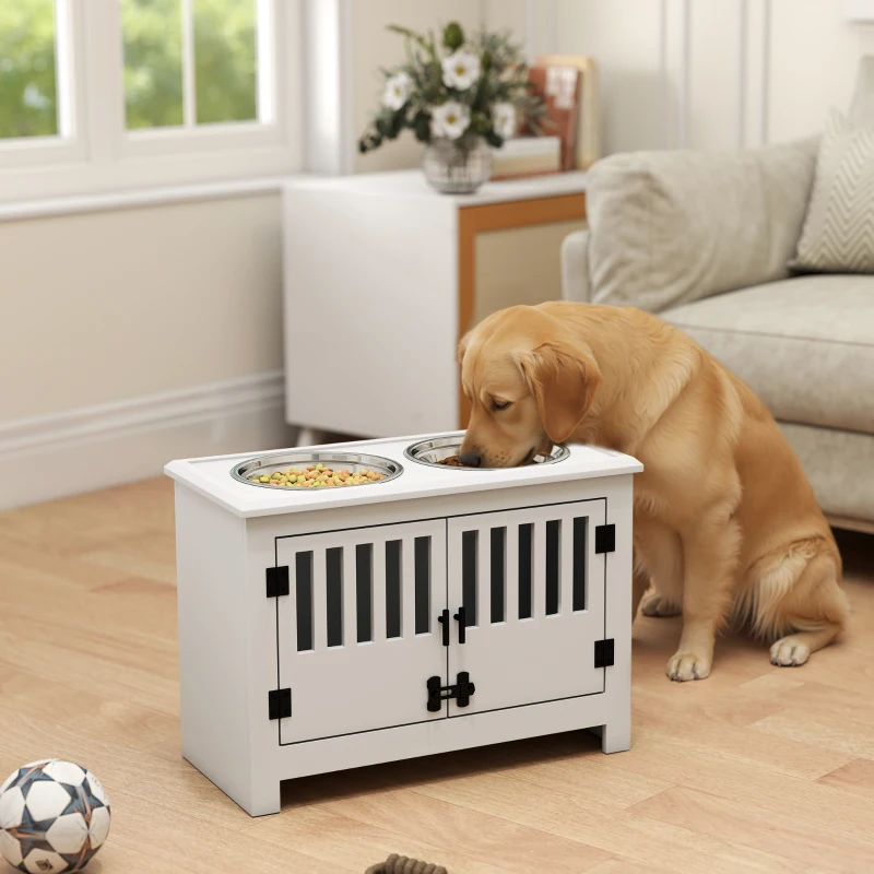 PawHut Dog Food Storage Cabinet with Bowls & Dog Feeding Station, White