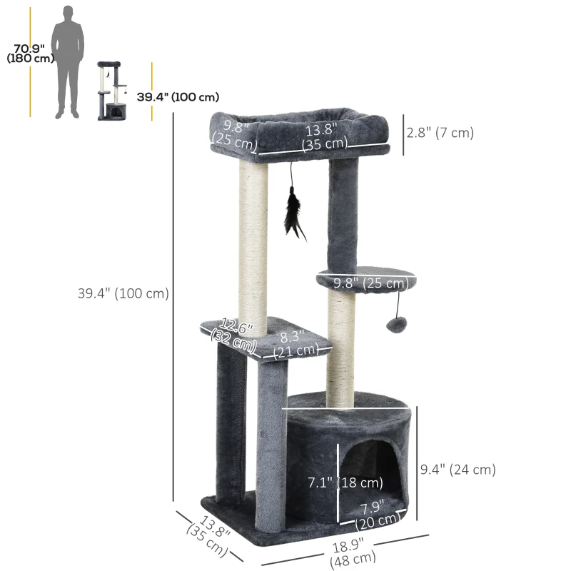 PawHut Cat Tree Cat Funiture Tower Multi-Level 1 Condo 1 Perch Sisal-Covered Scratching Post, Climbing Activity Stable Toys, Included Simply Style Height 39", Grey