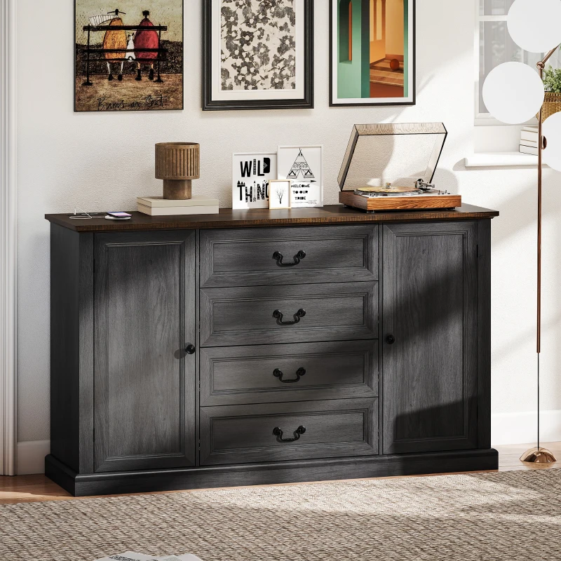 HOMCOM Farmhouse Sideboard with Charging Station, 58" Buffet Cabinet, Kitchen Storage Cabinet with 4 Drawers, 2 Doors, Black