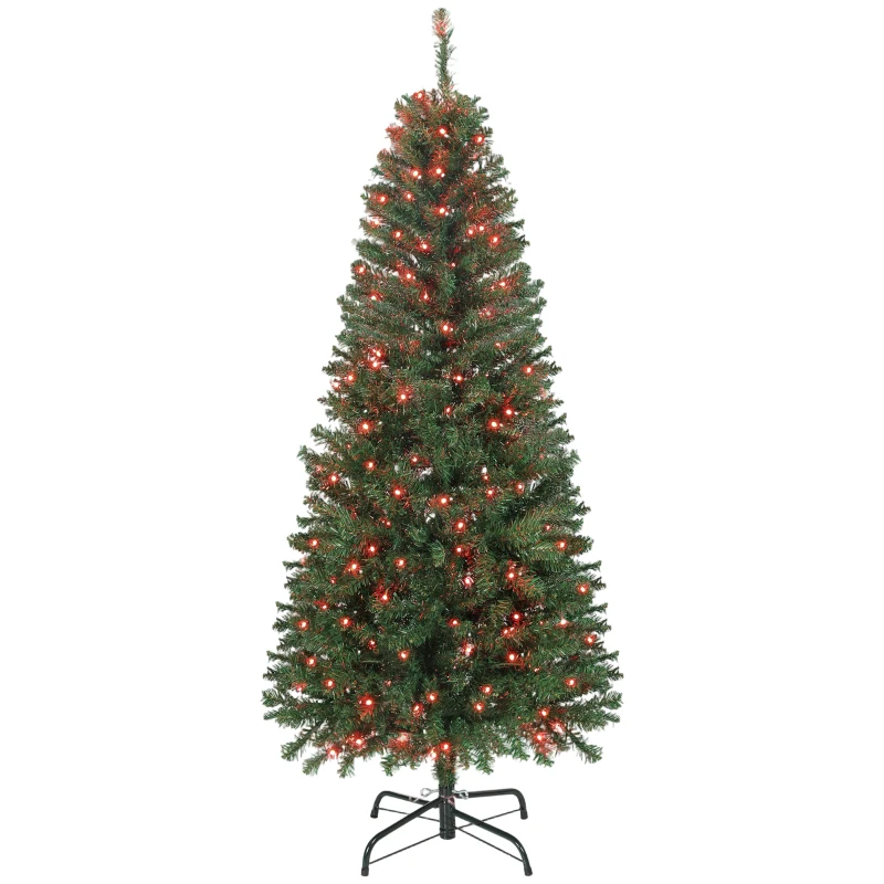 HOMCOM 5ft Artificial Christmas Tree with Colorful DIY Synchronized Lights, Remote, Hinged Slim Fir with Daily Timer