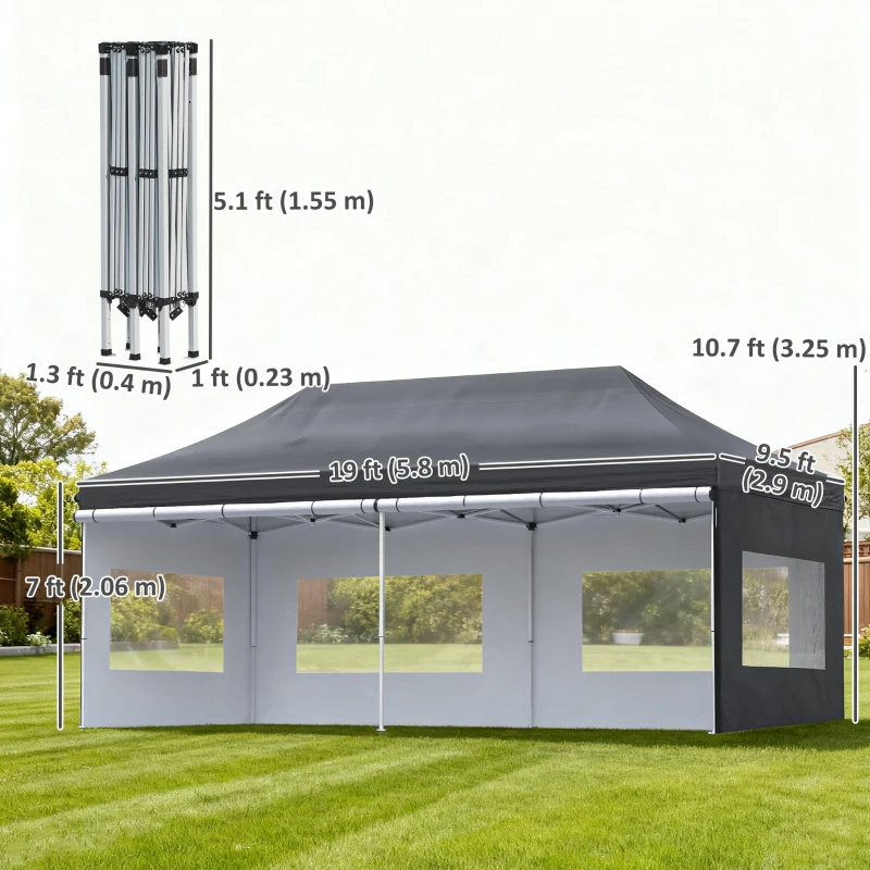 Outsunny 20' x 10' Folding Pop Up Canopy Tent with Sidewalls,  Windows, Weight Bags and Carrying Bag, Black