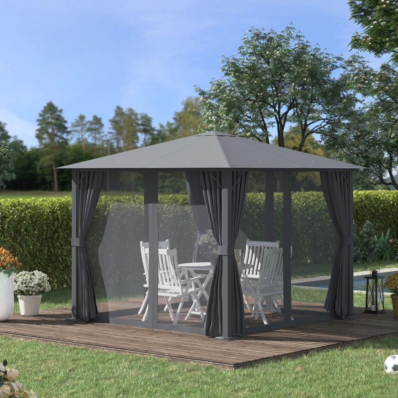Outsunny 10' x 10' Patio Gazebo, Outdoor Gazebo Canopy Shelter with Netting & Curtains, Vented Roof, for Garden, Lawn, Backyard and Deck, Black