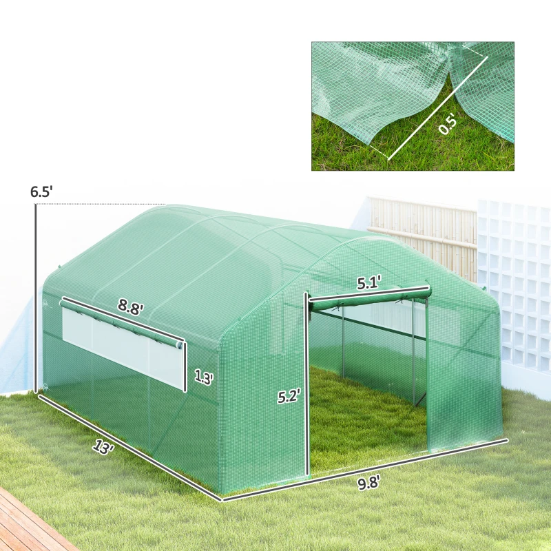 Outsunny 13' x 10' x 6.5' Tunnel Greenhouse Hoop House with Upgraded Galvanized Steel Frame and Large Windows, Green