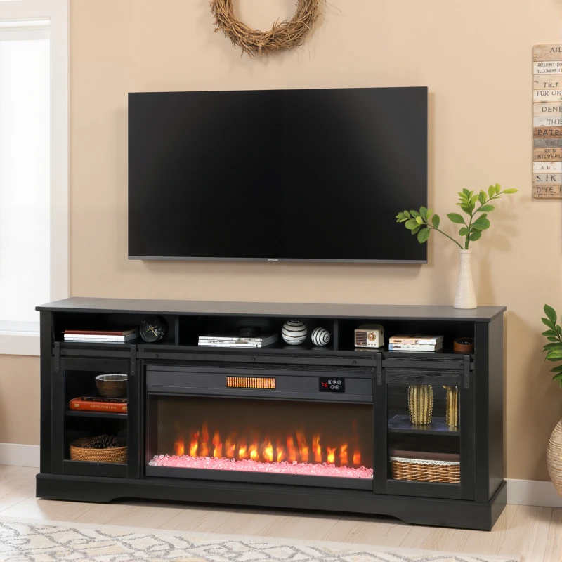 HOMCOM Fireplace TV Stand for TVs Up to 80 Inch, TV Console with Electric Fireplace, Open Storage and Side Cabinets, Black
