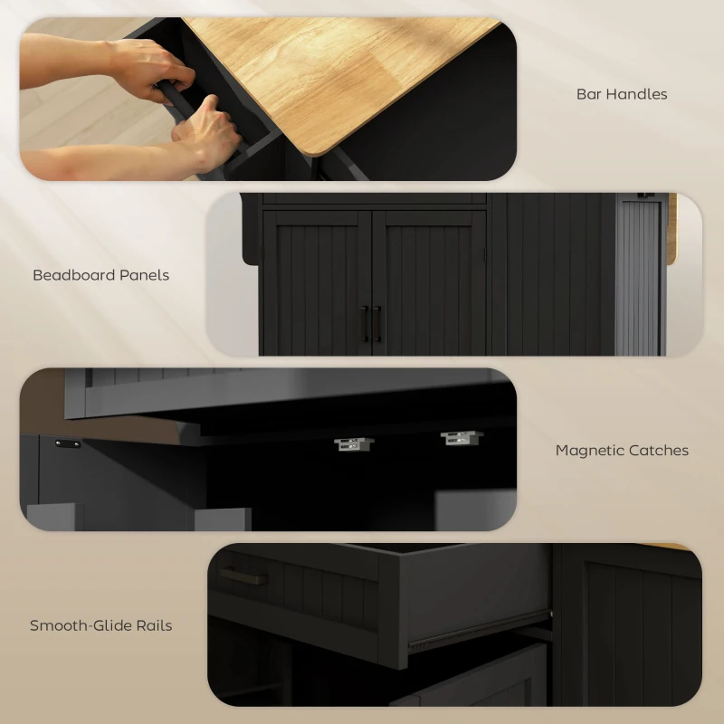 HOMCOM Kitchen Island Cart, Portable Kitchen Island Table with Charging Station, Rubber Wood Drop Leaf, Trash Storage, Black