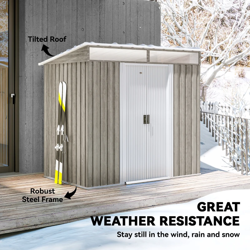 Outsunny 6.5x4FT Galvanised Metal Shed with Foundation Kit, Lockable Garden Tool Storage House with Sliding Doors, Vents, Grey