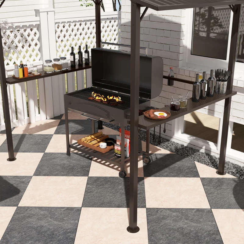 Outsunny 8 x 5ft Hardtop Grill Gazebo with Double Metal Roof, 2 Side Shelves and 4 Cup Holders for Patio Backyard Lawn Deck