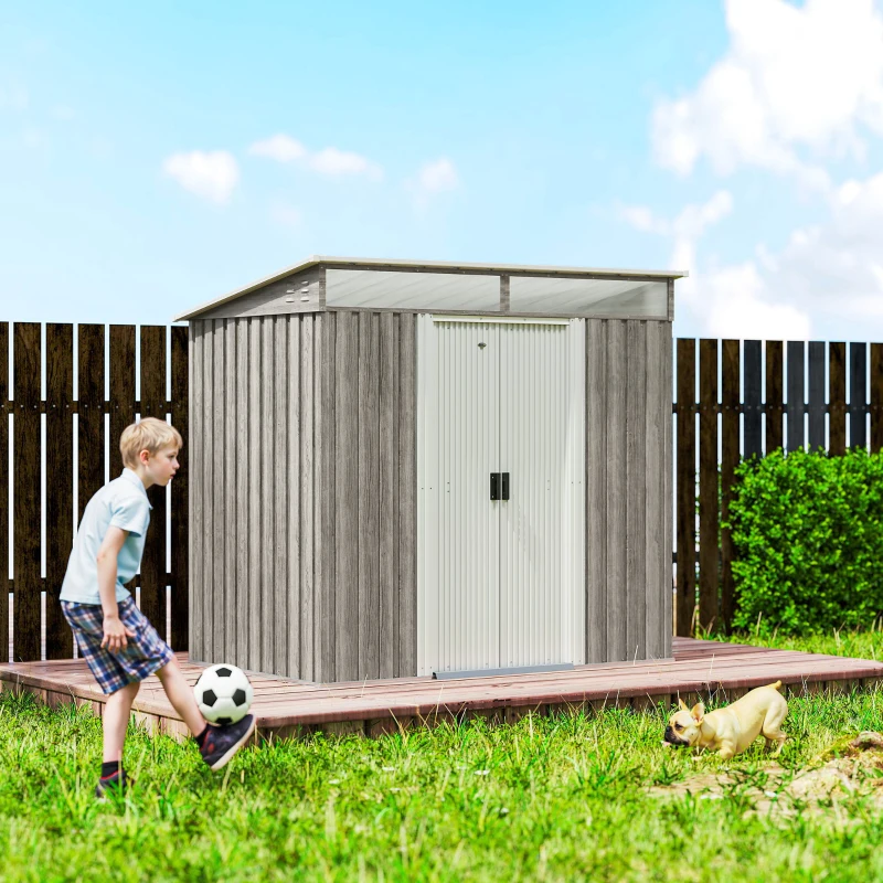 Outsunny 6.5x4FT Galvanised Metal Shed with Foundation Kit, Lockable Garden Tool Storage House with Sliding Doors, Vents, Grey