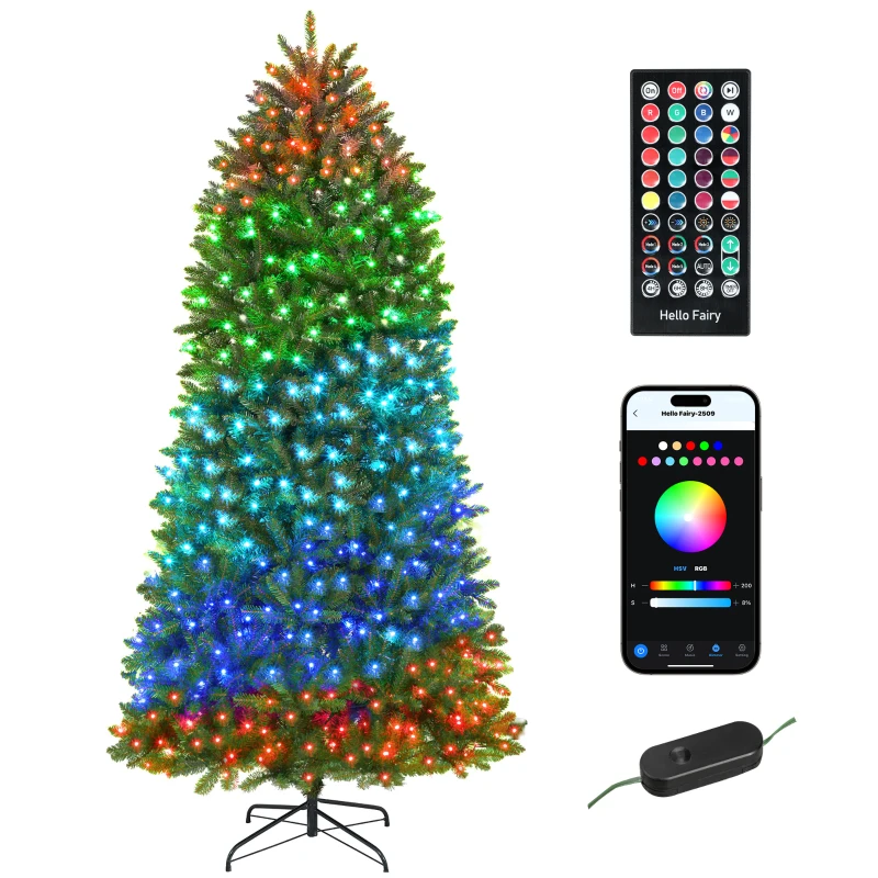 HOMCOM 9ft Prelit Christmas Tree with Full-Spectrum LEDs, Smart App Control, Wide Full Hinged Xmas Tree, Easy Assembly