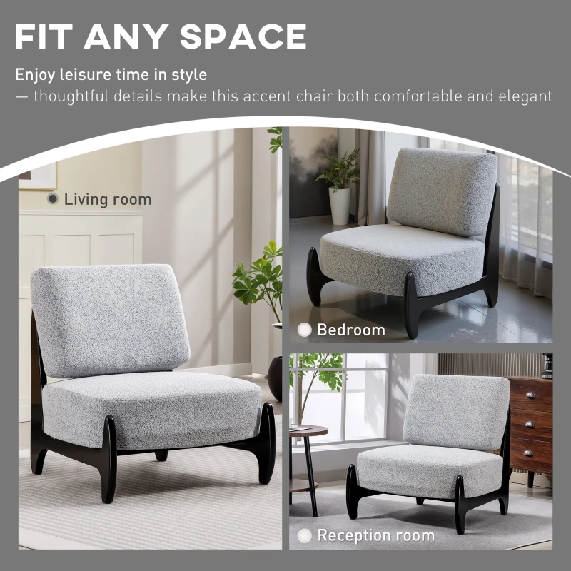 HOMCOM Accent Chair with Rubber Wood Frame, Wide Seat, Modern Chenille Bedroom Chair with Thick Cushion, Grey