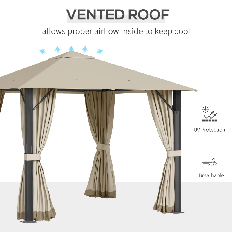 Outsunny 10' x 10' Patio Gazebo Aluminum Frame Outdoor Canopy Shelter with Sidewalls, Vented Roof for Garden, Lawn, Backyard, and Deck, Khaki