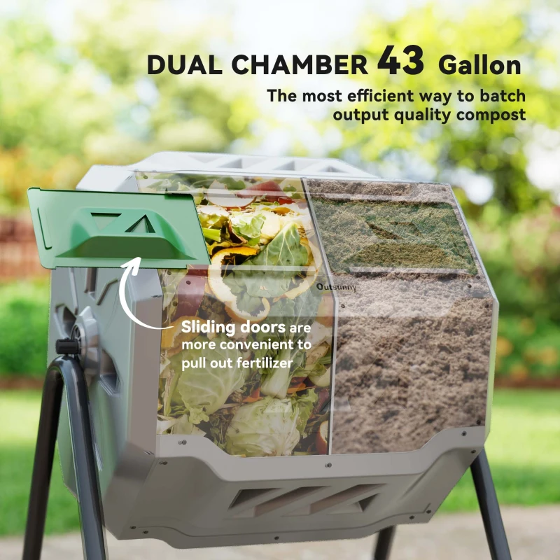 Outsunny Tumbling Compost Bin Outdoor 360° Dual Chamber Rotating Composter 43 Gallon, Light Gray
