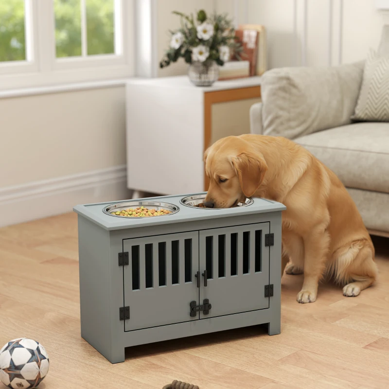 PawHut Dog Food Storage Cabinet with Bowls & Dog Feeding Station, Gray