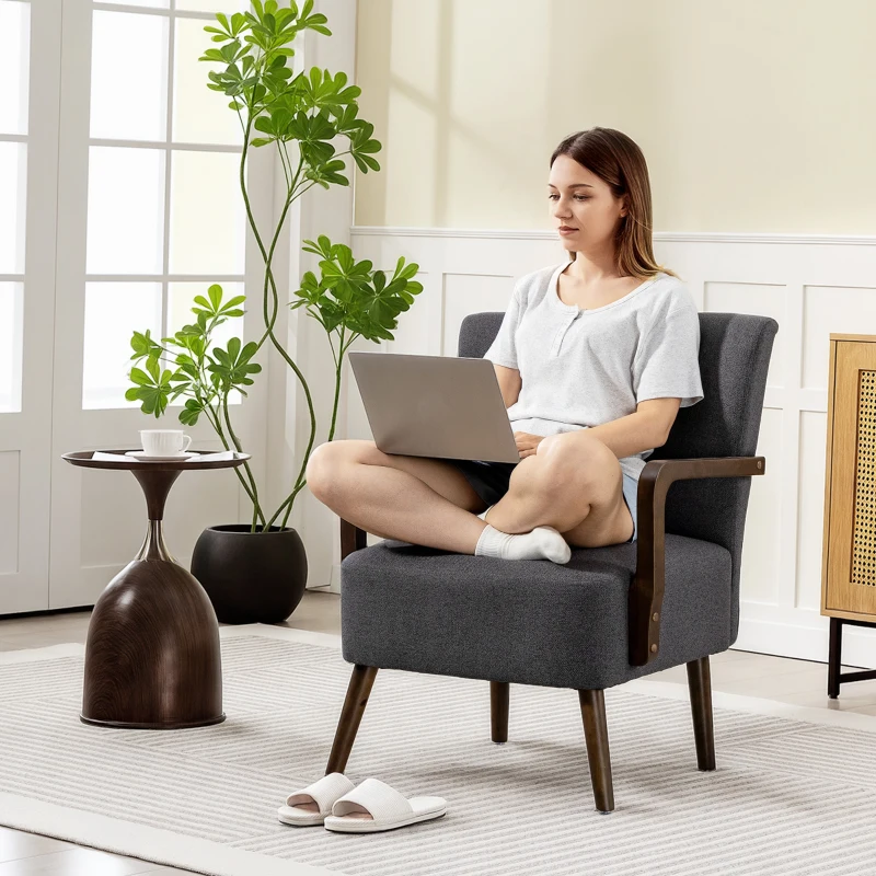 HOMCOM Accent Chair with Wooden Legs, Linen Fabric Armchair with Thick Padding, Comfy Chair for Living Room, Dark Grey