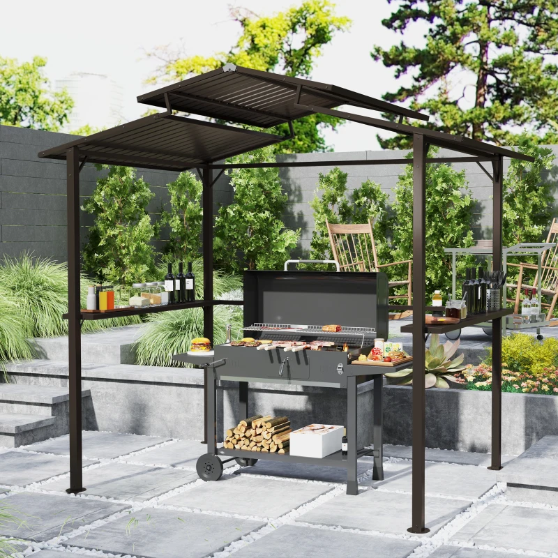 Outsunny 8 x 5ft Hardtop Grill Gazebo with Double Metal Roof, 2 Side Shelves and 4 Cup Holders for Patio Backyard Lawn Deck