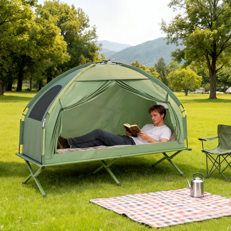 Outsunny Camping Tent Cot, Single Person Folding Cot Combo, Off-Ground Tent, Covered Outdoor Bed with Carry Bag for Hiking, Camping