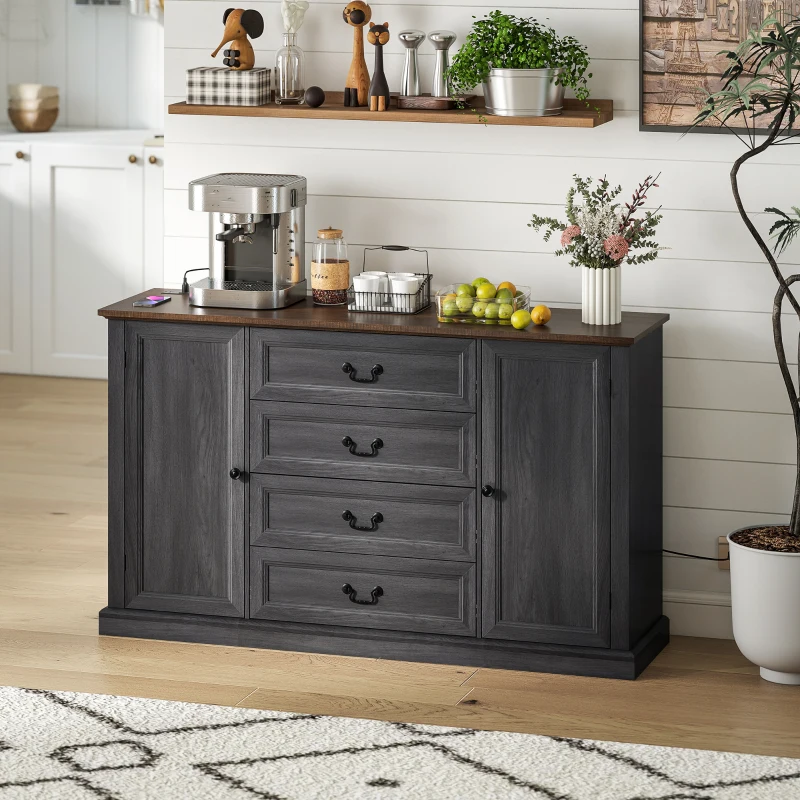 HOMCOM Farmhouse Sideboard with Charging Station, 58" Buffet Cabinet, Kitchen Storage Cabinet with 4 Drawers, 2 Doors, Black