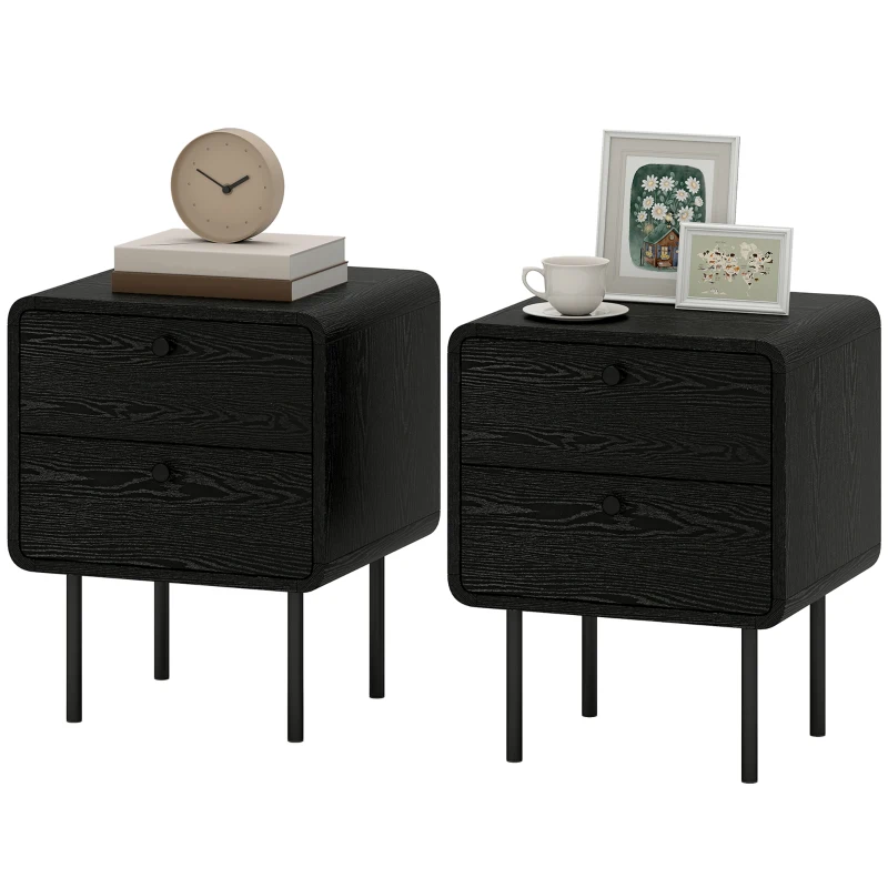 HOMCOM Modern Bedside Tables Set of 2, 2 Pieces Nightstands with 2 Storage Drawers and Steel Legs for Bedroom, Black Wood Grain