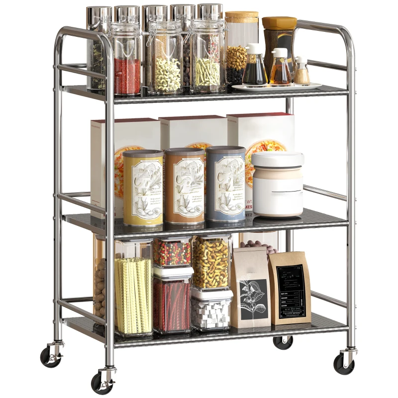 HOMCOM 3 Tier Stainless Steel Rolling Cart with Adjustable Shelf, Utility Cart on Wheels with Handles for Kitchen, Silver