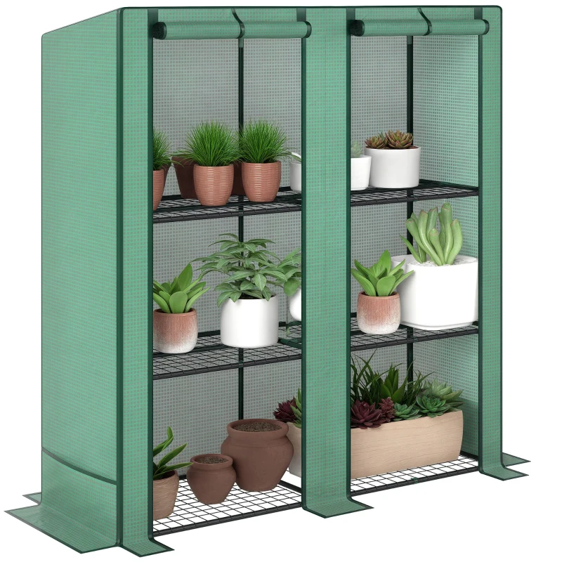 Outsunny Lean-to Greenhouse with 3 Tier Shelves, Portable Greenhouse with PE Cover, 2 Roll-Up Doors, 56.7" x 18.9" x 59.8", Green