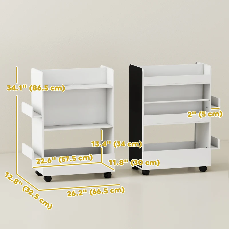 Qaba Kids Bookshelf, Kids Bookcase with Wheels & Blackboard, for Nursery, Kids Room, Playroom, for 3-8 Years