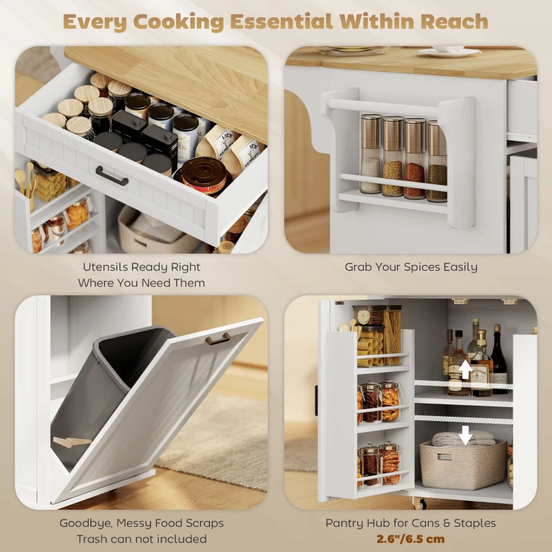 HOMCOM Kitchen Island Cart, Portable Kitchen Island Table with Charging Station, Rubber Wood Drop Leaf, Trash Storage, White