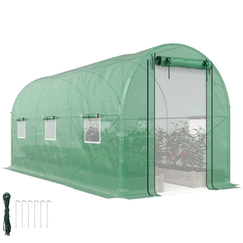 Outsunny Hoop House Greenhouse, Walk-in Tunnel Greenhouse with 2 Support Rods, Zippered Roll-up Mesh Door, 14.6'x6.5'x6.6', Green