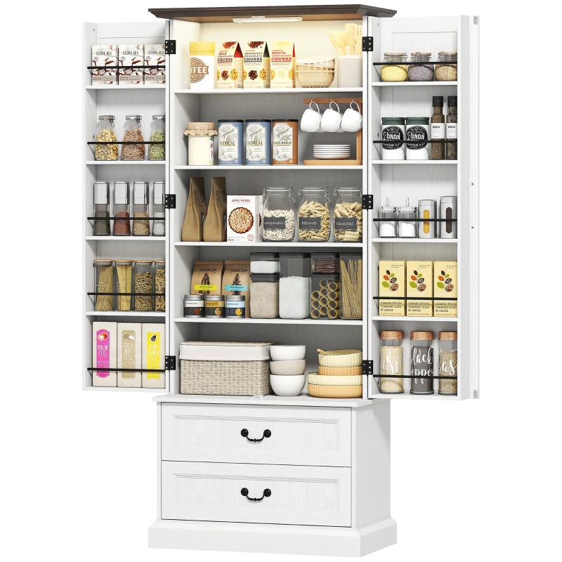 HOMCOM 72" LED Kitchen Pantry Cabinet, Buffet Storage Cabinet with 10 Door Shelves, 2 Drawers and Adjustable Shelves, White