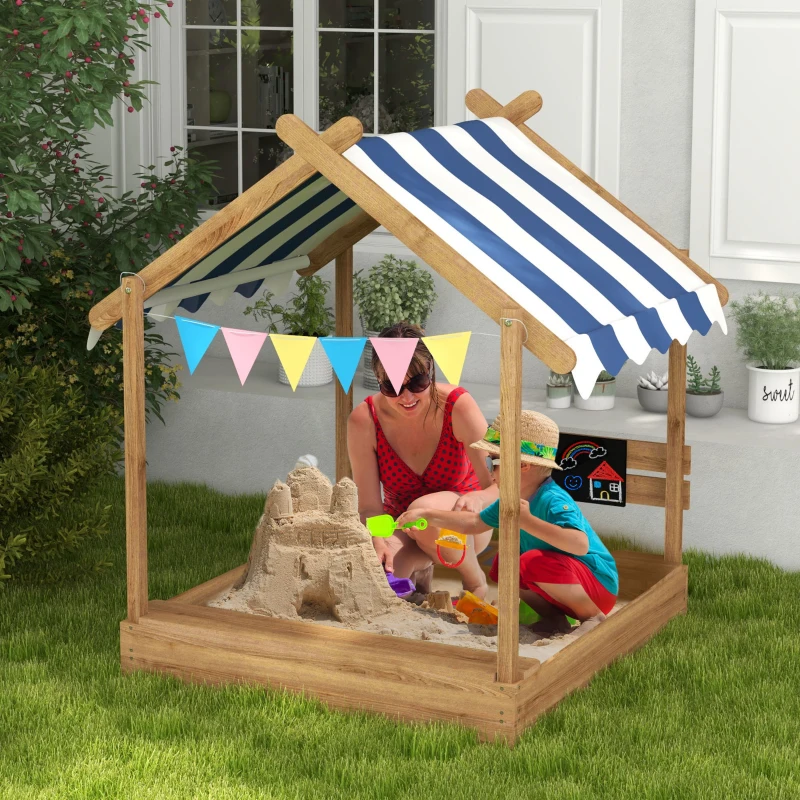 Outsunny Outdoor Wooden Sandbox with Cover for 3-7 Years Old, Backyard, Brown