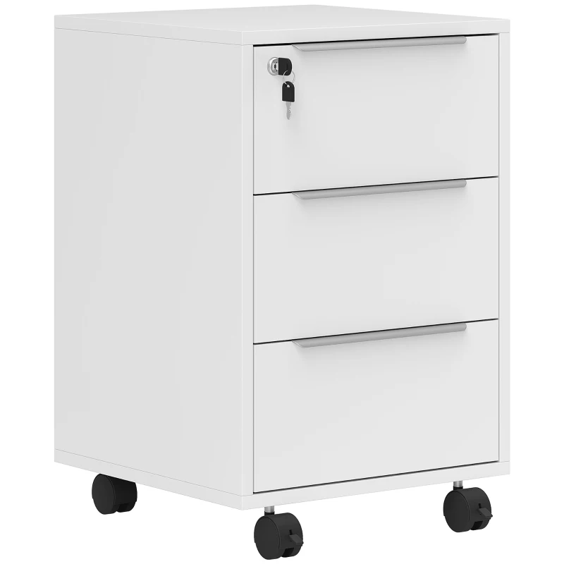 HOMCOM 3-Drawer File Cabinet with Wheels, Vertical Filing Cabinet with Lock, White