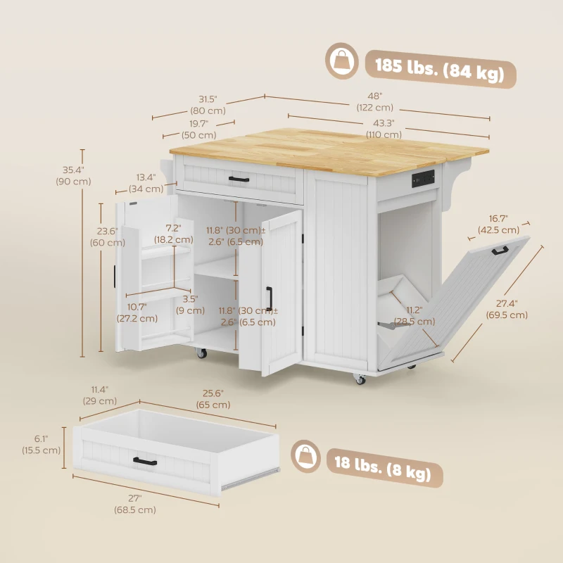 HOMCOM Kitchen Island Cart, Portable Kitchen Island Table with Charging Station, Rubber Wood Drop Leaf, Trash Storage, White