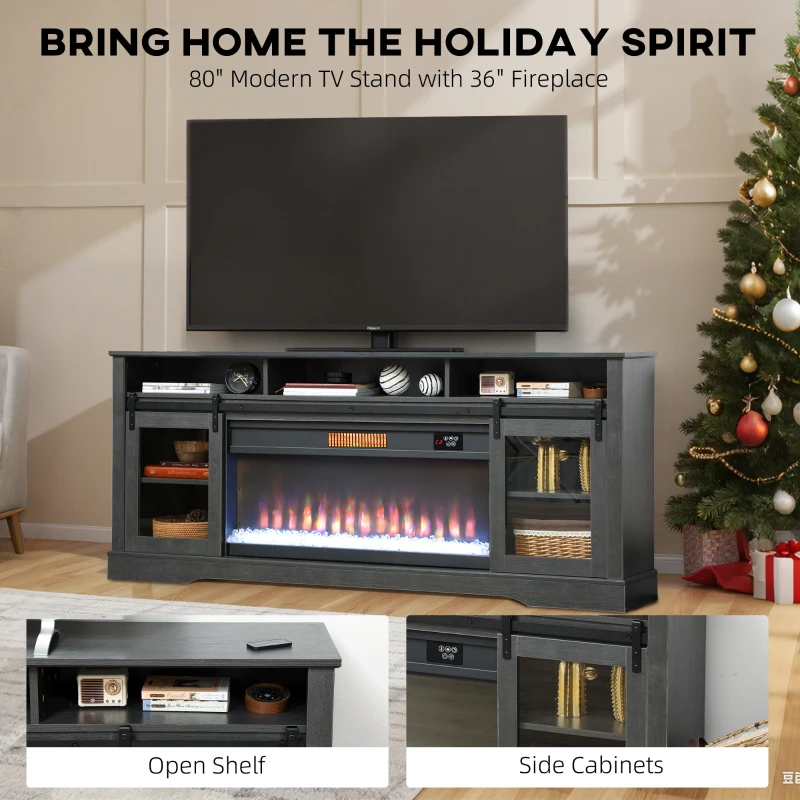 HOMCOM Fireplace TV Stand for TVs Up to 80 Inch, TV Console with Electric Fireplace, Open Storage and Side Cabinets, Gray