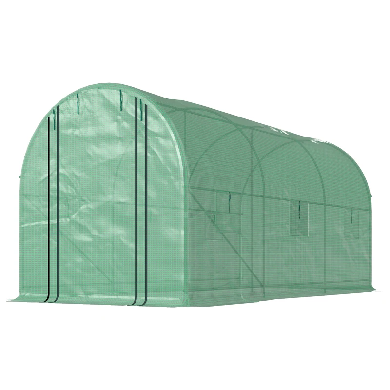 Outsunny Hoop House Greenhouse, Walk-in Tunnel Greenhouse with 2 Support Rods, Zippered Roll-up Mesh Door, 14.6'x6.5'x6.6', Green