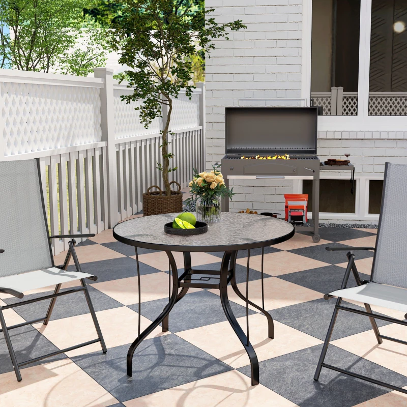Outsunny 38" Round Patio Table with Umbrella Hole, Tempered Glass Outdoor Dining Table, Black