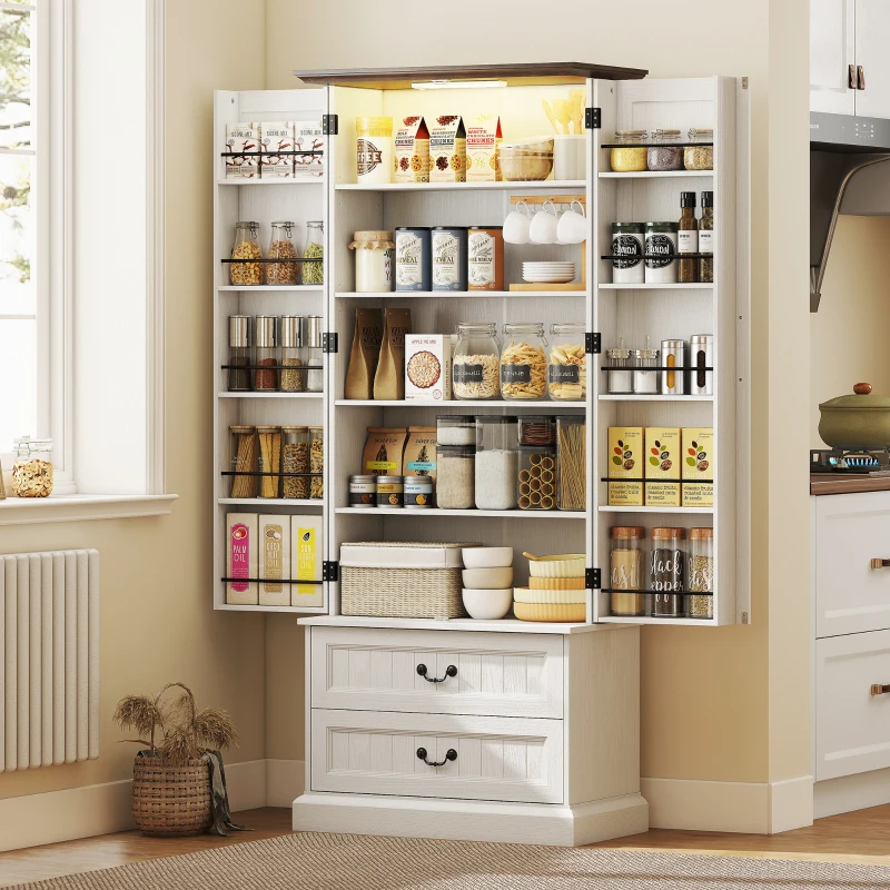 HOMCOM 72" LED Kitchen Pantry Cabinet, Buffet Storage Cabinet with 10 Door Shelves, 2 Drawers and Adjustable Shelves, White